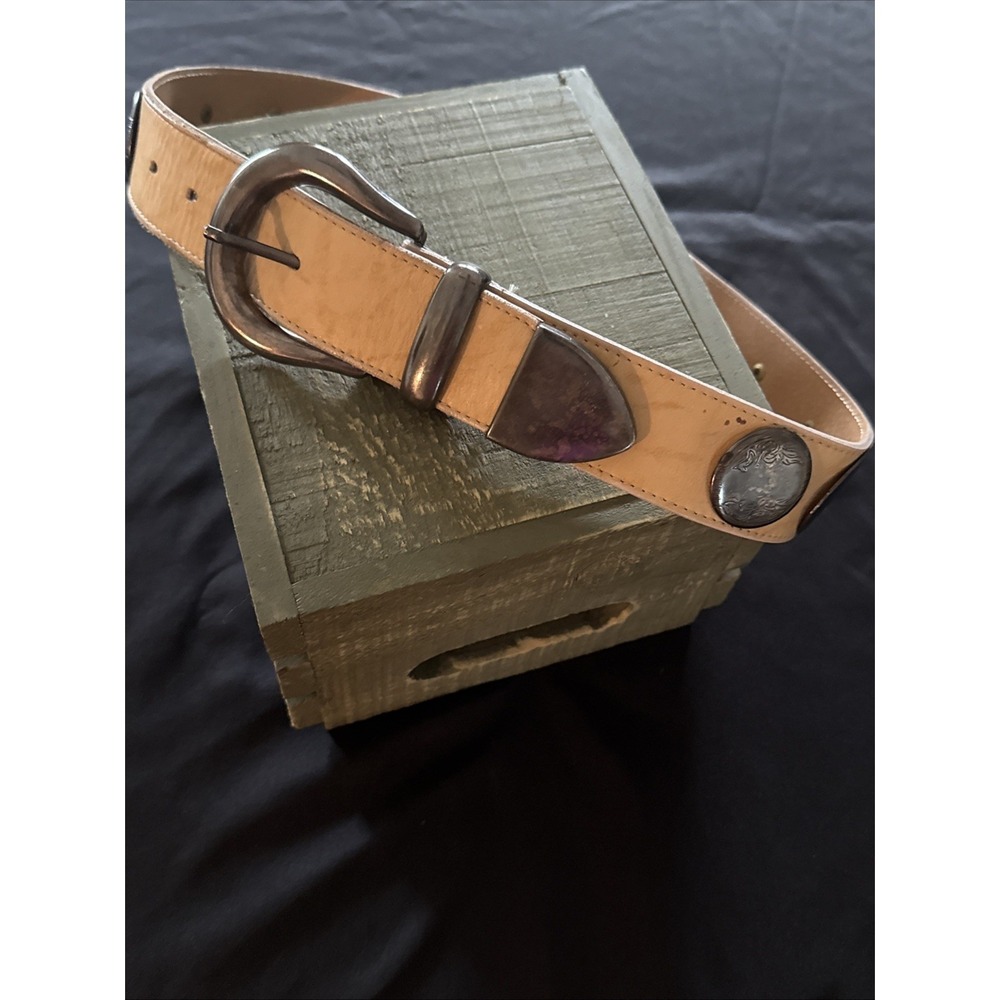 Concho Tan Belt  Silver Toned Metal Stamped Discs Tarnished Worn VTG